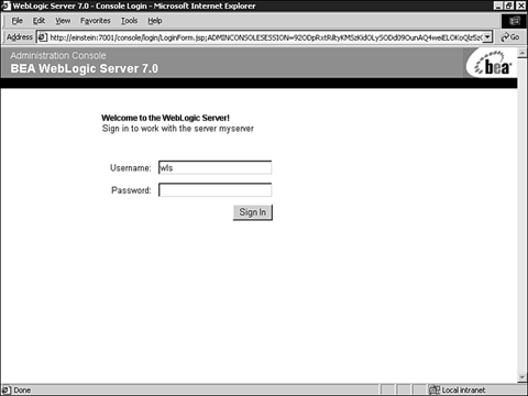 Enter the admin-level username and password at the WebLogic Administration Console Login screen.