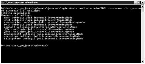 Using the weblogic.Admin utility to view the WebLogic JNDI bindings.