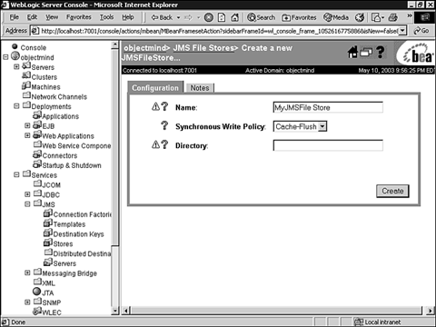 Configuring a JMS file store using the Administration Console.