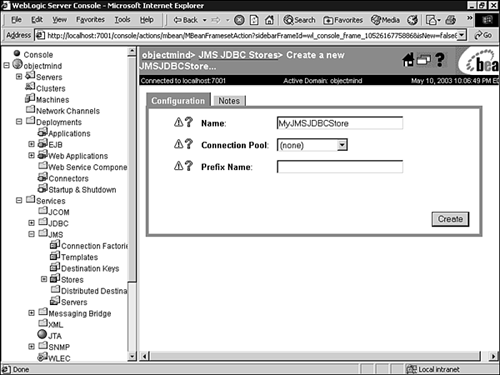 Configuring a JMS JDBC Store using the Administration Console.