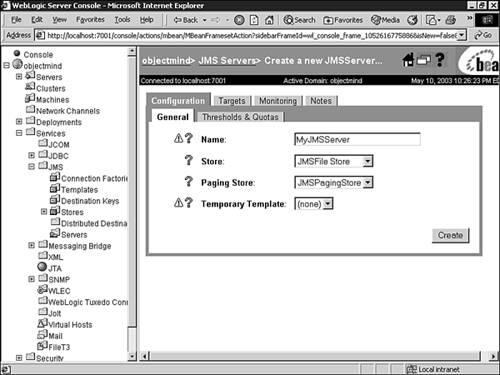 Configuring a JMS server using the Administration Console.