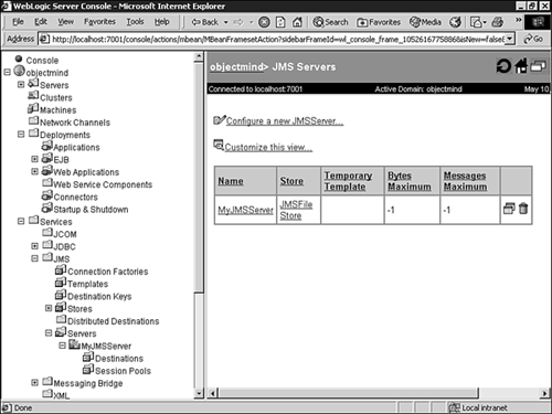 Reviewing your configured JMS servers using the Administration Console.