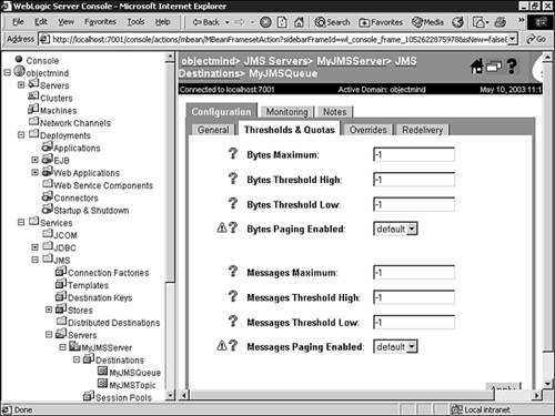 Configuring the threshold and quota attributes for your JMS topics and queues.