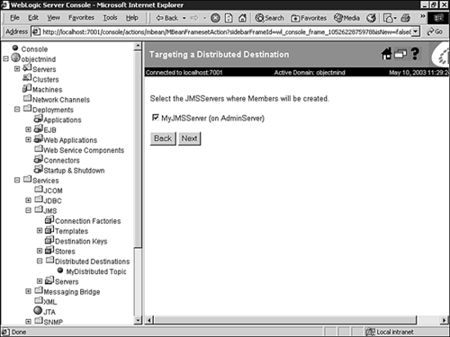 Selecting a Target WebLogic Server for the distributed destination set.