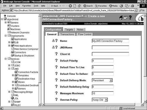 Configuring a JMS connection factory.