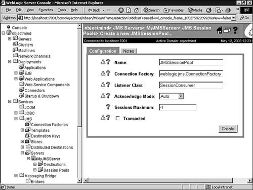 Configuring a JMS Session Pool.