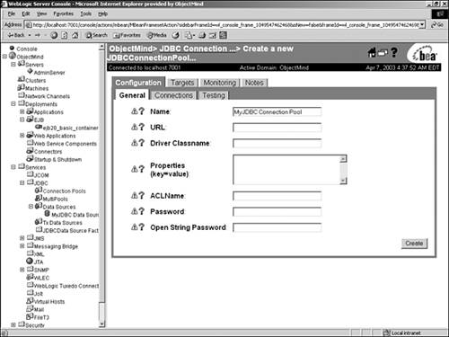 Connection Pools are configured through the WebLogic Server Console.