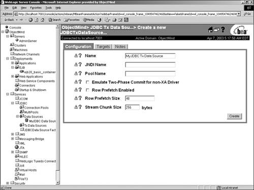 Tx DataSources are configured through the WebLogic Server Console to support distributed transactions.