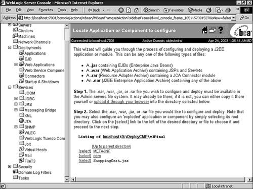 Selecting the ShoppingCart.jar module for deployment.