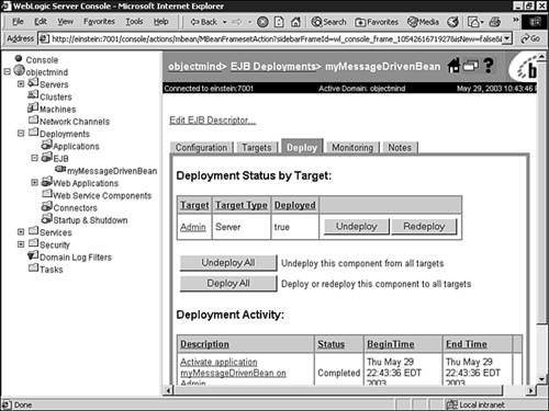 The Deploy tab indicates a successful deployment of the MDB example.