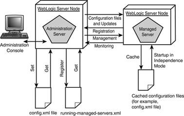 The relationship between the administration and managed servers in a WebLogic domain.