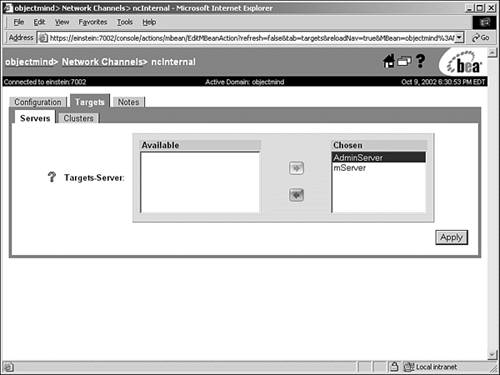 Assigning the network channels to their WebLogic Servers.