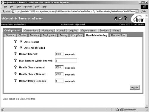 A managed server’s self-health monitoring attributes.