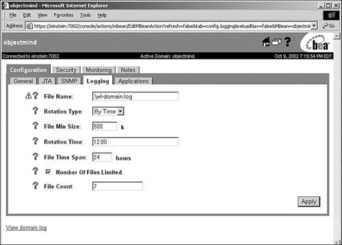 Modifying the default domainwide log file attributes.