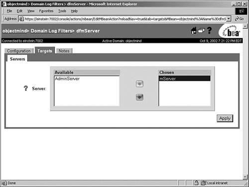 Assigning a domain log filter to WebLogic Server.