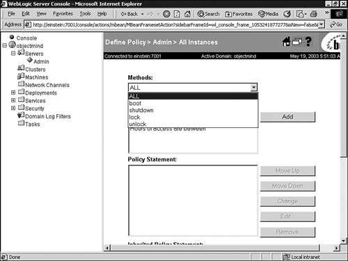 Viewing the security policy for a WebLogic Server instance.