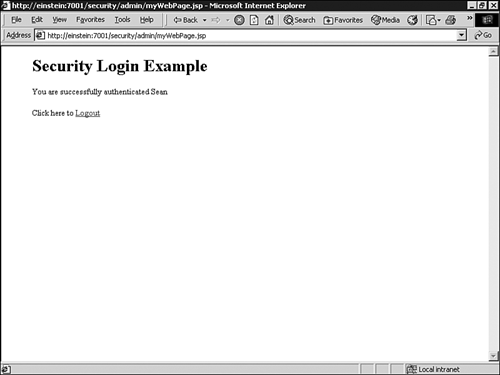 An example of a successful entry to a secured aspect of the Web application.