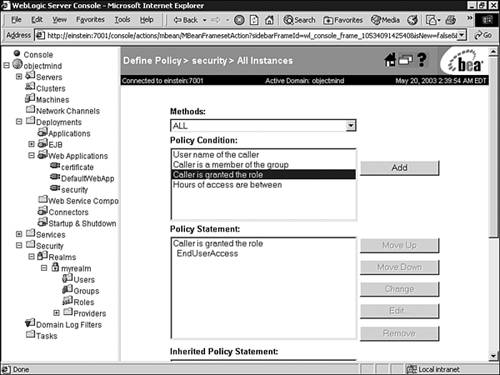 Define a security policy for the Web application based on the EndUserAccess role.