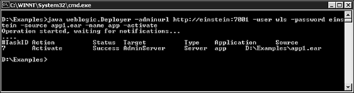 The output from deploying an application (app1) successfully to an Administration Server.