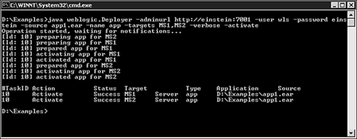 The output from successfully deploying an application (app1) to the managed servers MS1 and MS2 using the -verbose option.