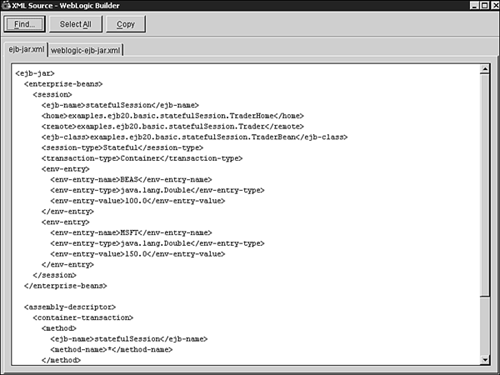 The WebLogic Builder interface for viewing the deployment descriptor XML files.