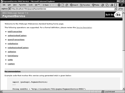 The Commerce sample payment Web service home page.