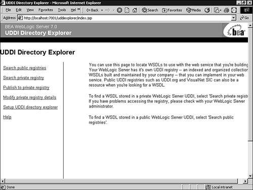 The WebLogic UDDI Explorer home page.