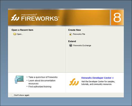 The Fireworks 8 start page.