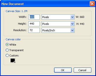 The New Document dialog box lets you control the canvas size and canvas color for each new document.