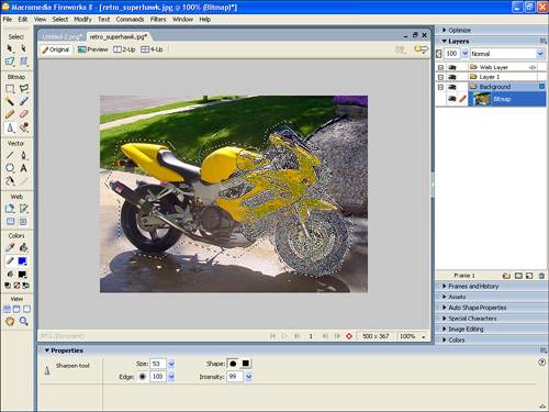 The Sharpen tool increases contrast between pixels.