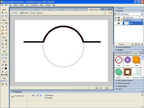 The Freeform tool enables you to push or pull a line segment to create a curve.