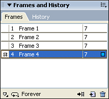 The Frames tab shows information about animation frames and enables you to adjust timings.