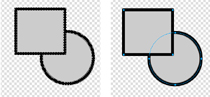 Notice the difference in selection between the bitmap graphics on the left and the vector graphics on the right. The bitmap graphics are selected by pixel, whereas the vector graphics are selected as individual objects.