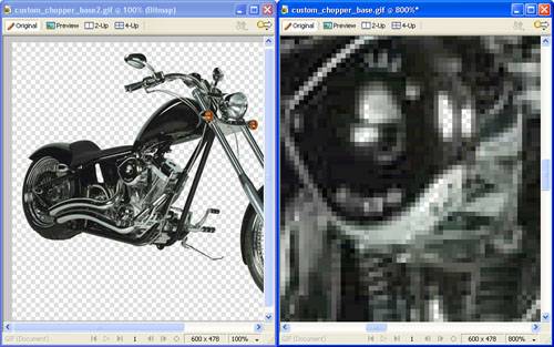 The image on the left is at normal (100%) magnification, whereas the image on the right has been enlarged 800% to show the individual pixels that comprise the image.