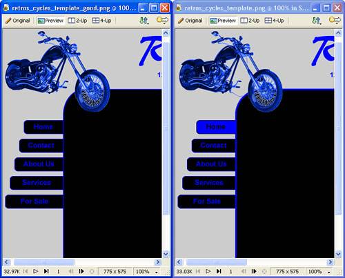 Use the Preview button in the document window to test the Simple Rollover. The left image is the Up state and the right image represents the Over state.