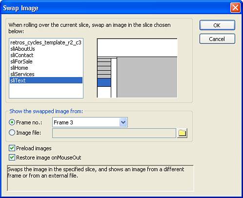 The Swap Image dialog box enables you to select the target slice for the disjoint rollover.