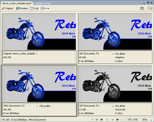 File statistics appear in each of the Preview panes to show you how your optimization settings will affect file properties.