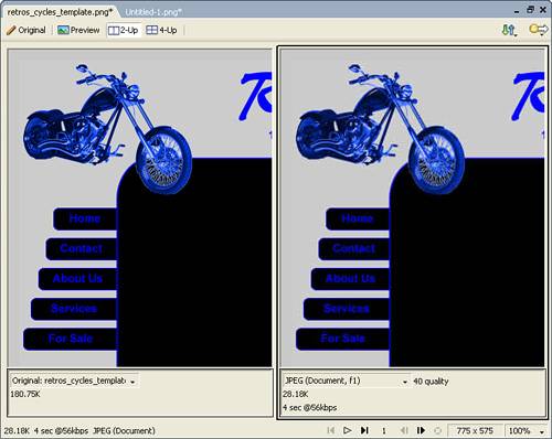 Differences in JPEG quality can be seen between the image on the left, set at 80% quality, and the image on the right, set at 40% quality.