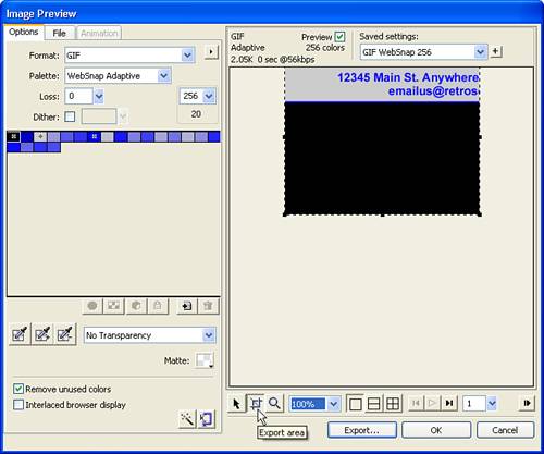 Use the Export Area tool to define a specific area for export.