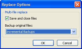 The Replace Options dialog box specifies how multiple-file Find and Replace operations are handled.