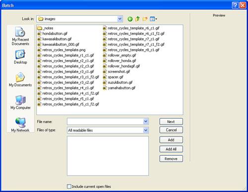 The first screen in the Batch Process Wizard is where you add files to create the batch.