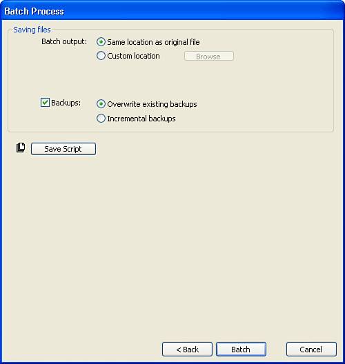 The third screen in the Batch Process Wizard is where you choose the output destination and specify the fate of the original files.