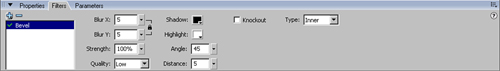 Filters panel, with Bevel filter selected.
