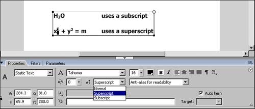 Superscript and subscript in a static text field.