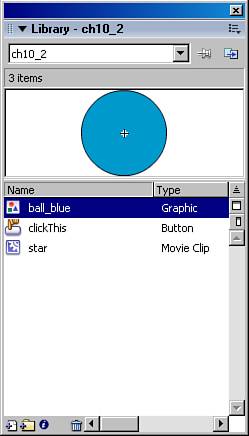 Library containing a graphic symbol, a button symbol, and a movie clip symbol.