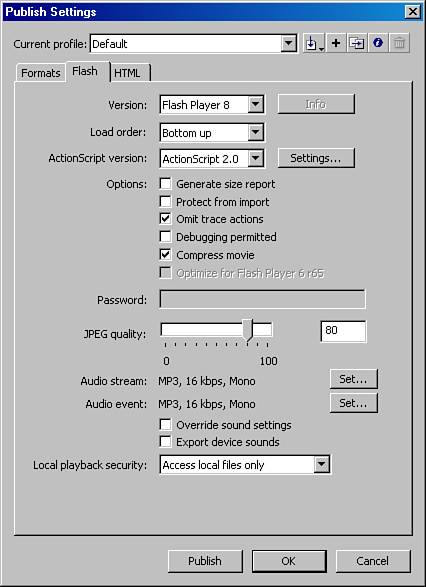 Publish Settings Flash options, with Omit Trace Actions selected.