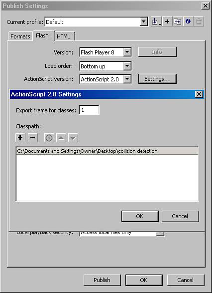 The ActionScript Settings panel showing the Classpath list.