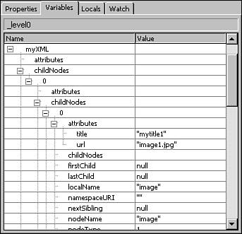 View of node information in the Variables panel of the debugger.