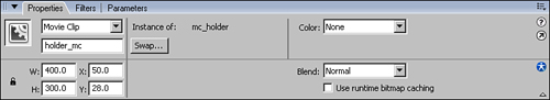 Properties of the movie clip instance on the stage.