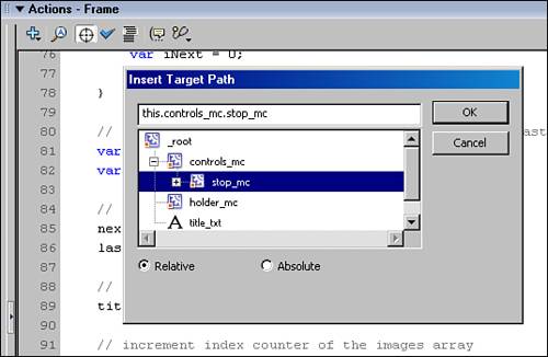 You can use the Insert Target Path panel to insert the target path of the stop_mc instance into the Actions panel.